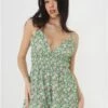 Brave Soul Green/Blue Low Cut Floral Playsuit
