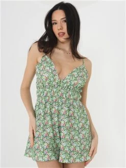 Brave Soul Green/Blue Low Cut Floral Playsuit