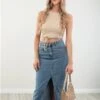 Brave Soul Mid Blue Mavis Acid Wash Midi Denim Skirt