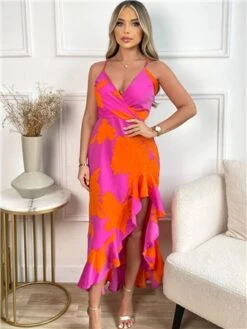 Ax Paris Pink And Orange Floral Printed Wrap Over Strappy Midi Dress 6 Ax Paris Pink And Orange Floral Printed Wrap Over Strappy Midi Dress -Jack & Jones Store 28509 2