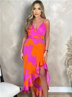 Ax Paris Pink And Orange Floral Printed Wrap Over Strappy Midi Dress