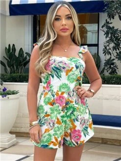 Ax Paris Green Floral Frill Strap Playsuit