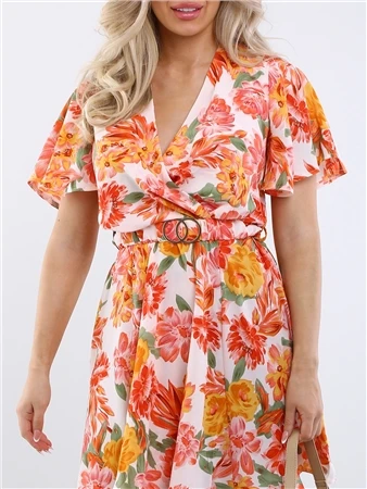 Ax Paris Pink Floral Wrap Top Belted Skater Dress 2 Ax Paris Pink Floral Wrap Top Belted Skater Dress - Image 2