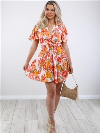 Ax Paris Pink Floral Wrap Top Belted Skater Dress 3 Ax Paris Pink Floral Wrap Top Belted Skater Dress - Image 3