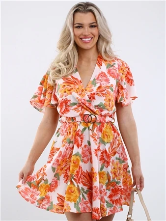 Ax Paris Pink Floral Wrap Top Belted Skater Dress 1 Ax Paris Pink Floral Wrap Top Belted Skater Dress