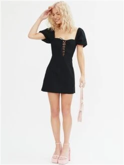 The Frolic Black Crochet Short Puff Sleeve Dress -Jack & Jones Store 28611 2