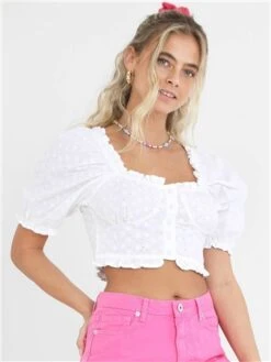 Brave Soul White Broderie Anglaise Buttoned Milkmaid Top -Jack & Jones Store 28628 2
