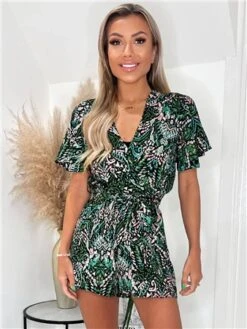 Ax Paris Green Printed Wrap Top Belted Playsuit