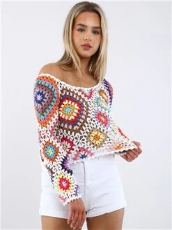 Qed Multi Floral Crochet Knit Crop Top