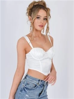 Saint Genies White Layla Satin Lace Up Back Crop Top