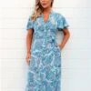 Ax Paris Blue Printed Belted Button Up Shirt Dress