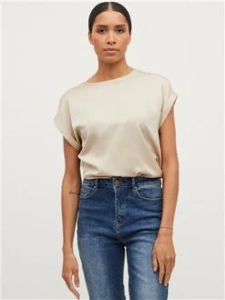 Vila Cement Satin Look Short Sleeved Top