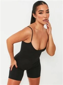 Missy Empire Black Sariah Ribbed Seamless Strappy Unitard