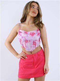 Saint Genies Lilac / Pink Floral Satin Drape Front Corset Top