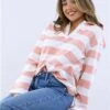 Saint Genies Pink/White Stripe Long Sleeve Collar Top