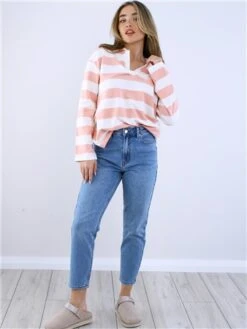 Saint Genies Pink/White Stripe Long Sleeve Collar Top -Jack & Jones Store 28777 2