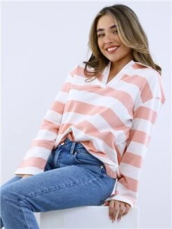 Saint Genies Pink/White Stripe Long Sleeve Collar Top