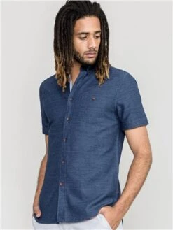 Duke Navy Hove Textured Fabric Short Sleeve Button Shirt -Jack & Jones Store 28799 3