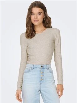 Only Grey / Pumice Stone Cropped Rib Top With Long Sleeves