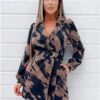 Ax Paris Brown And Navy Printed Long Sleeve Wrap Mini Dress
