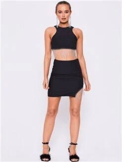 Saint Genies Black Beatrix Diamante Fringe Racer Shape Crop Top -Jack & Jones Store 28873 2