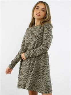 Brave Soul Animal Print Long Sleeve Mini Smock Dress