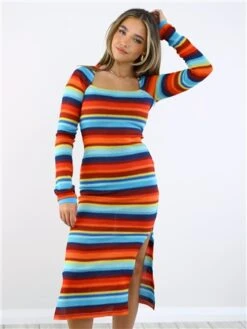 Saint Genies Blue / Red / Yellow Stripe Midi Knit Dress