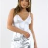 Saint Genies Silver Metallic Snake Stretch Satin Thong Bodysuit