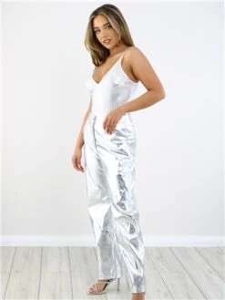 Saint Genies Silver Metallic Snake Stretch Satin Thong Bodysuit -Jack & Jones Store 28887 2