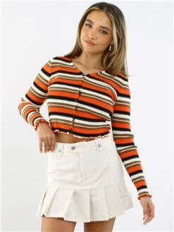 Daisy Street Orange / Cream Stripe Knit Cardigan
