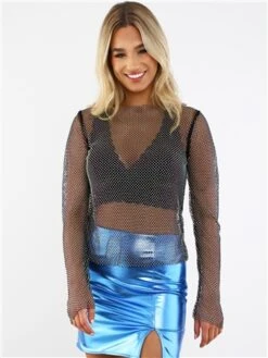 Saint Genies Black Mesh Chainmail Diamante Top