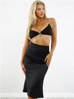 Saint Genies Black Satin Midi Skirt