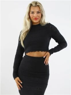 Saint Genies Black Crochet Knit Long Sleeve Crop Top