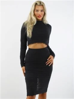 Saint Genies Black Crochet Knit Midi Skirt