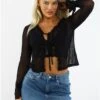 Brave Soul Black Ruffle Detail Mesh Long Sleeve Tie Top