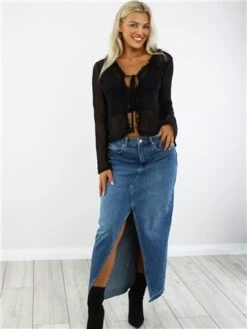 Brave Soul Black Ruffle Detail Mesh Long Sleeve Tie Top -Jack & Jones Store 28968 2