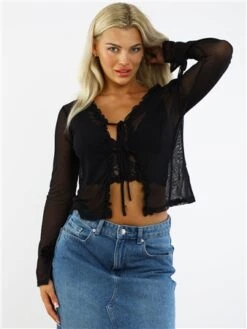 Brave Soul Black Ruffle Detail Mesh Long Sleeve Tie Top