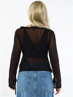 Brave Soul Black Ruffle Detail Mesh Long Sleeve Tie Top -Jack & Jones Store 28968 3