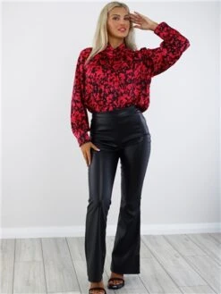 Ax Paris Cerise And Black Pattern High Neck Satin Long Sleeve Top -Jack & Jones Store 28970 2