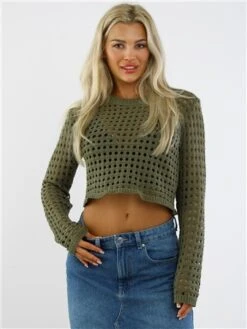 Missy Empire Khaki Reese Crochet Crop Top