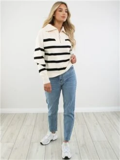 Veromoda Birch/Black Saba Stripe 1/4 Zip Knit -Jack & Jones Store 28997 2