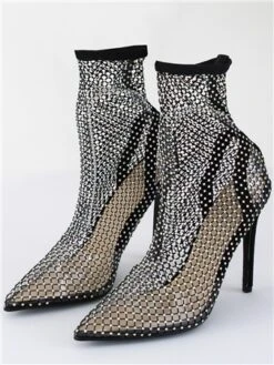 No Doubt Black Mesh Chainmail Diamante Sock Heel