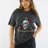 Missi London Acid Wash Charcoal Skull Rose Print T-Shirt