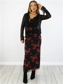 Brave Soul Black / Red Rose Print Midi Skirt -Jack & Jones Store 29063 2