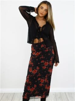 Brave Soul Black / Red Rose Print Midi Skirt