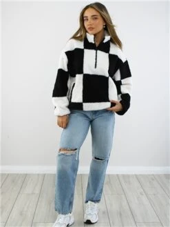 Daisy Street Black/White Teddy Checkered Half Zip -Jack & Jones Store 29069 2