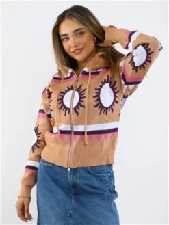 Daisy Street Multi Pattern Hooded Zip Cardigan