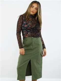 Saint Genies Khaki Midi Cargo Skirt