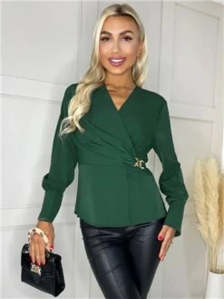 Ax Paris Teal Long Sleeve Gold Detail Wrap Top