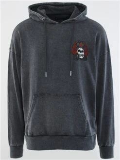 Brave Soul Black Acid Wash Skull Printed Overhead Hoody